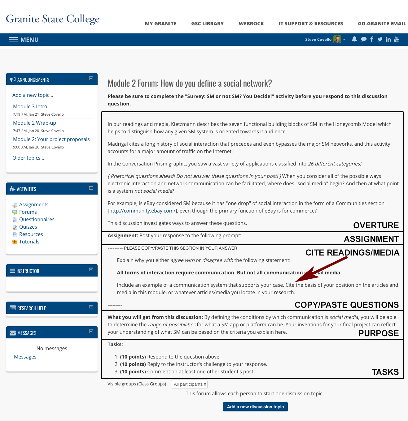 Example of discussion prompt, with elements labeled