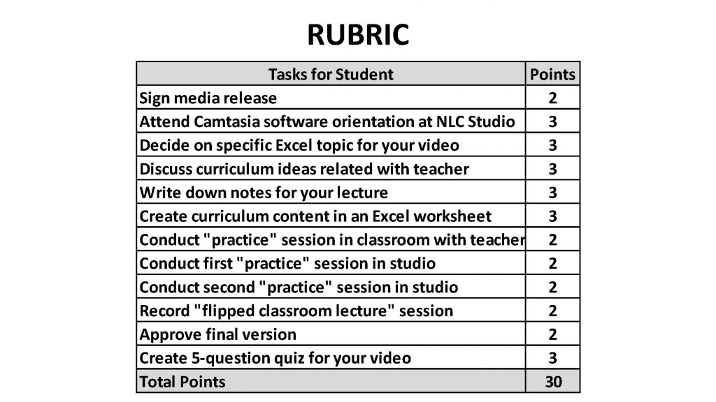 example of rubric with 12 criteria totaling 30 points