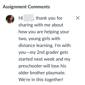My response to an individual student, sent via the LMS assignment feedback comments.