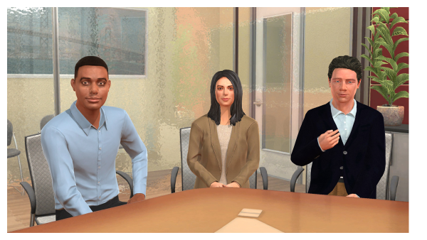 screenshot of the simulation, which shows three people sitting around a conference room