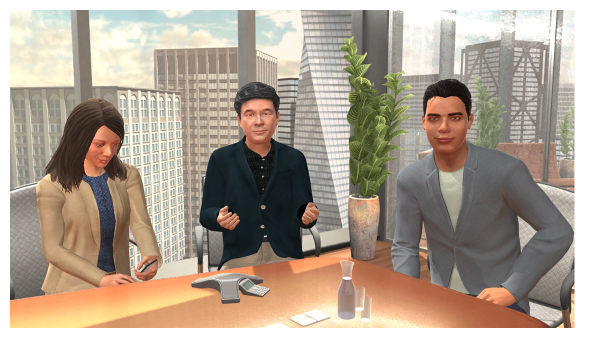 screenshot of three people sitting around a conference room