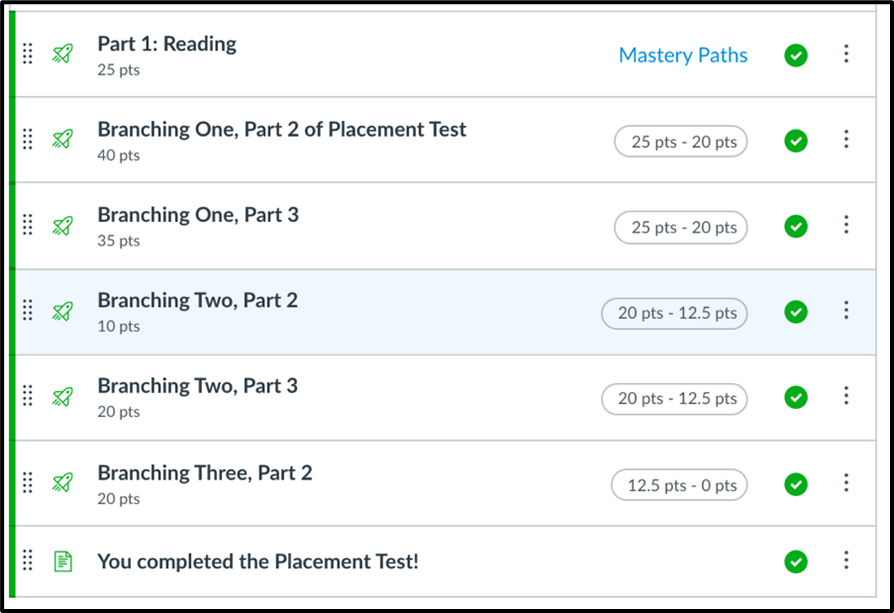 screenshot of Canvas module. It shows separate items for branching.