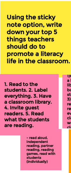 The prompt is "Using the sticky note option, write down your top 5 things teachers should do to promote a literacy life in the classroom."
